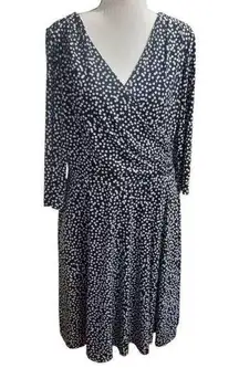 White House Black Market Wrap Dress Sz 14 VNeck 3/4 Sleeve A-Line Stretch Polka