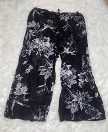 Chico’s black w/purple & white floral linen blend wide leg pants US 12/ Chico 2