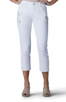 NEW Lee Womens 16 Arleigh Capri Pants White Embroidered Bohemian Floral FLAW