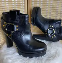 Womens Black Rina Harness Lugged Sole Heeled Ankle Booties