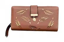 New Women's Brown Envelope Wallet Cutout Gold Leaves ID Holder Bills Coins