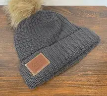 Love Your Melon Women's Grey One Size Knit Cuffed Brown Patch Pom-Pom Beanie Hat