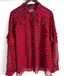 Rachel Roy Plus Sz 22W Sheer Red Black Leopard Ruffle Blouse Holiday Party Top