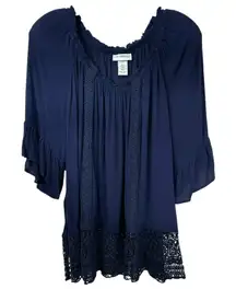 Catherines Plus Size 1X Top Navy Blue Crochet Lace Trim Off Shoulder Solid 1714