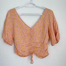 H&M Pink Yellow Cottagecore Floral Print Smocked Peasant Crop Top Blouse size S