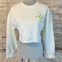 BP Women Ivory Green Topographic Topo Long Sleeve Crewneck Crop Sweatshirt Small