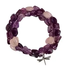 Amethyst Rose Quartz Gemstone Wrap Bracelet Dragonfly Charm