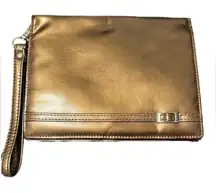 Kenneth Cole Leather Bronze Metallic Buckle Accent Wristlet - silver hardware