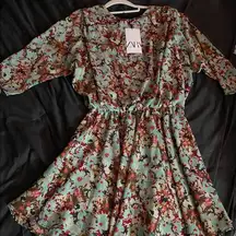 NWT Zara Teal Floral Dress Sz. XS