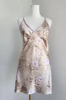 Vintage Y2K Jones New York Beige Leopard Floral Satin Slip Dress Lilac Trim L
