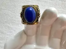 Vanessa Mooney Vintage Brass Ring with Oval Blue Stone Statement Adjustable Size