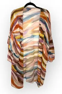 Democracy Boho Sheer Abstract Stripe Kimono Open Front Lightweight Cardigan 2X