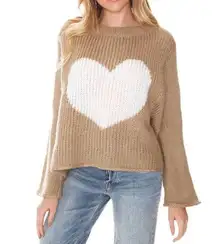 Wooden Ships Womens Camel White Heart Patch Wool Pullover Sweater Size Medium