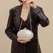 ⚡Women's Tan Shell Egg Metallic Evening Shiny Top Closure Trendy Clutch Handbags