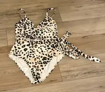 Aerie Leopard Full Coverage wrap One Piece Swimsuit Raw Sienna large