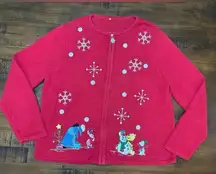 Disney  Winnie The Pooh Embroidered Snowy Winter Cardigan Sweater Sz Large Vtg