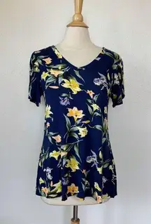 Navy Blue Floral Short Sleeve V-Neck Blouse