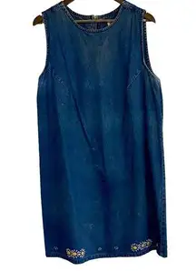 AMI vintage blue denim floral embroidered midi sleeveless dress Women’s L