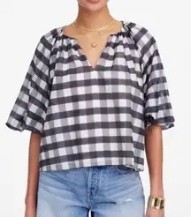 NWT Madewell Bubble-Sleeve Top True Black Gingham Plaid Short Sleeve Size‎ 2