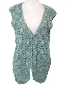 Vintage Hand-Knit Crochet Floral Cottagecore Sweater Vest Teal size Large