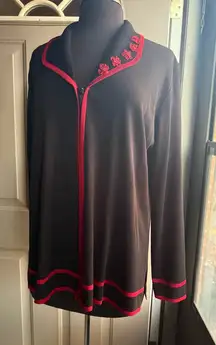 Exclusively Misook black red floral knit zipper front tunic cardigan, size large