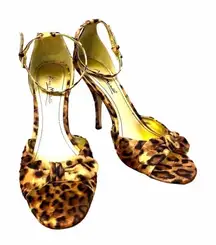 Leopard cheetah print sandal heels shoes NEW satin brown gold tan black 7.5 NIB