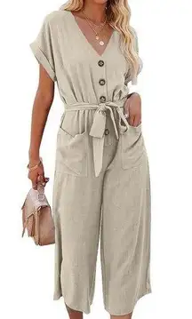 Beige Linen Blend V Neck Button Front Jumpsuit Romper Size XL