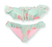 Beach Riot bikini, aqua blue pink unicorn print Flutter ruffle (top M, Bottom L)