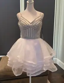 Women’s White and Silver Short Prom Party Dress Size S NWT