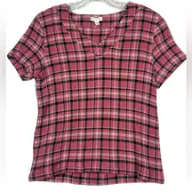 Garnet Hill organic Gauze top shirt blouse Pink Plaid Short Sleeve V Neck sz 10