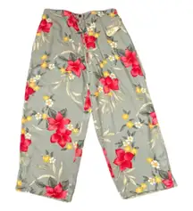 NWT Caribbean Joe Floral‎ Crop Pants Sage Green Pink Hibiscus Rayon Size Large