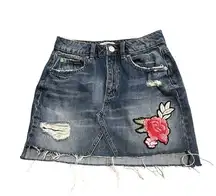 GARAGE Y2K Denim Distressed Mini Skirt with Rose Patch