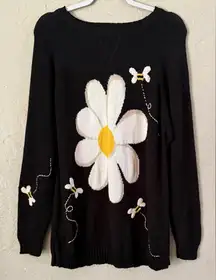 Vintage 90s The Quacker Factory Floral Daisy Bumble Bee Sweater Black Knit Boho