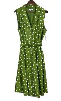 Dressbarn Shirt Dress Womens 18W Green Polka Dot Midi Button Up Belted Retro New