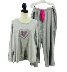 Hanes Loveable Grey Lounge Set Pink Rhinestone Heart Womens 22/24W