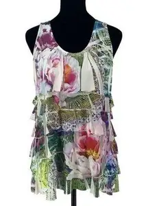 Reina Women's Floral Ruffle Layered Detail Scoop Neck Tank Top Multicolor Size 6