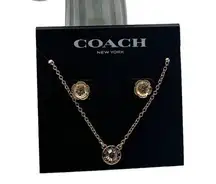 NWT COACH Signature Rose Gold Tone Floral Earrings Studs and Necklace Set