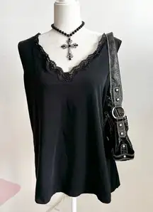 Vintage Black Lace Trim Tank Top, Goth Whimsigoth‎ Grunge Indie Sleaze 1X