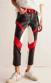 Free People We The Free Color Block Rebel Pant Black Red White Faux Leather NWOT