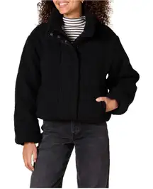Black Teddy Fleece Cropped Puffer Jacket Stand Collar Relaxed Fit Women