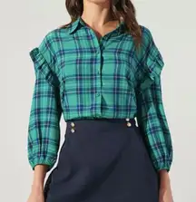 Sugar Lips Green Navy Plaid Ruffle Sleeve Button Down Size S