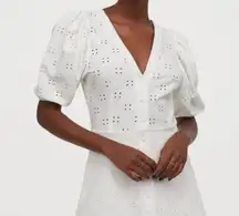 H&M Mini Dress Womens M White Eyelet Button Down Puff Sleeve Cotton Cottagecore