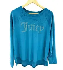 Juicy Couture Women's Size XL Velour Velvet Teal Rhinestone Pullover Sleepwear