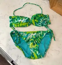 Victoria’s Secret Bandeau Strapless Top M & Hip Tie Bottoms Bikini Green/Yellow