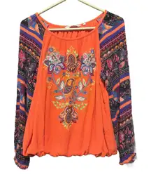 Soft Surroundings Embroidered Peasant Blouse‎ Long Sleeve Bohemian Orange Large