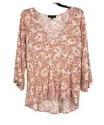 Rachel Zoe Boho Orange Floral Top Long Bell Sleeves High Low Hem Size L