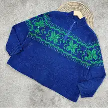 Quacker Factory 1/4 Zip Pullover Sweater Sequins Snowflake Winter Blue Green XL