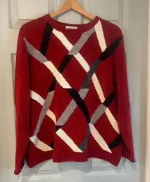 Alfred Dunner Women's XL Velour Red Geometric Knit Pullover Crew Neck Sweater