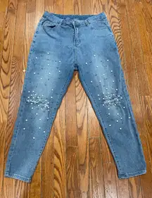 SHEIN Blue Pearl Embellished Cropped Jeans