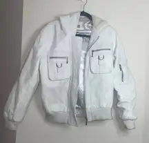 White 100% Leather Long Sleeve Bomber Jacket Faux Fur Hood Coat FLAWS